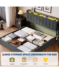HomfanLift Up Bed Frame with Charging Station and Led Lights, Upholstered Button Tufted Wingback Storage Headboard