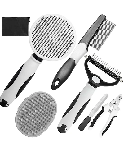 Aronkl Dog Grooming Kit 7-Piece Deshedding Undercoat Rake Slicker Dematting Comb Clipper Bath Brush for Dogs Cats