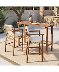 sumyeg 3-Piece Outdoor Dining Set with Acacia Wood Height Table and 2 Stools with Cushions