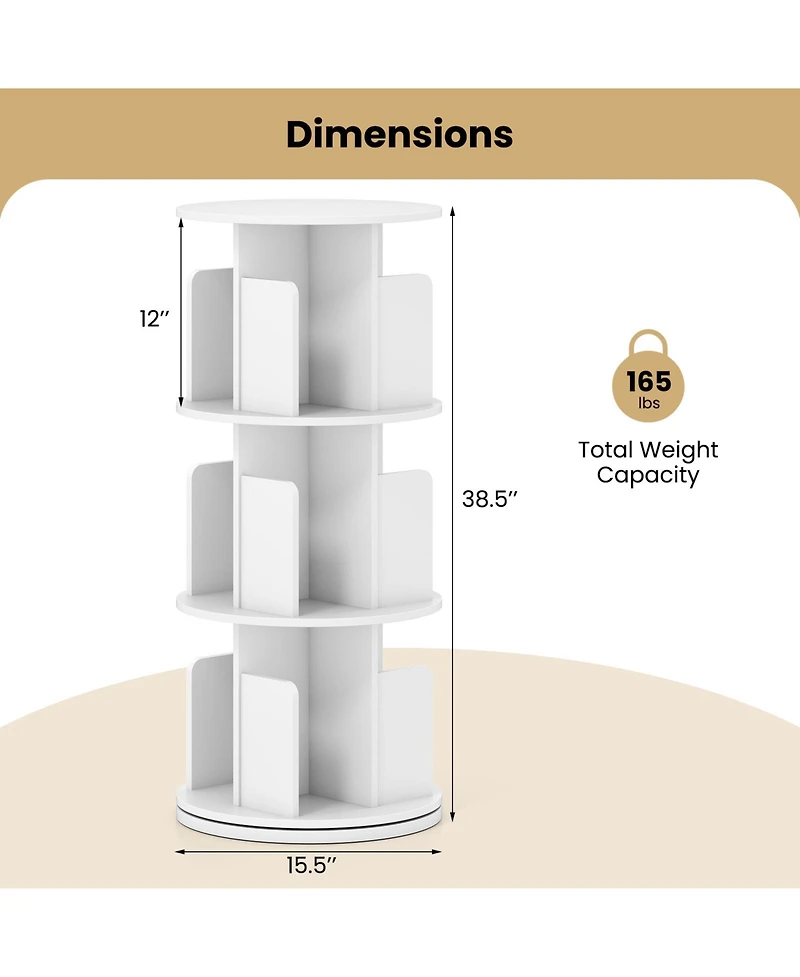 Sugift Three Tier Rotating Bookshelf with Dividers and Safety Baffles