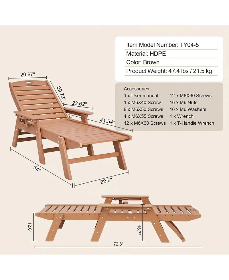 Sugift Outdoor Chaise Lounge Chair 400 lbs Capacity 6-Position Adjustable Hdpe