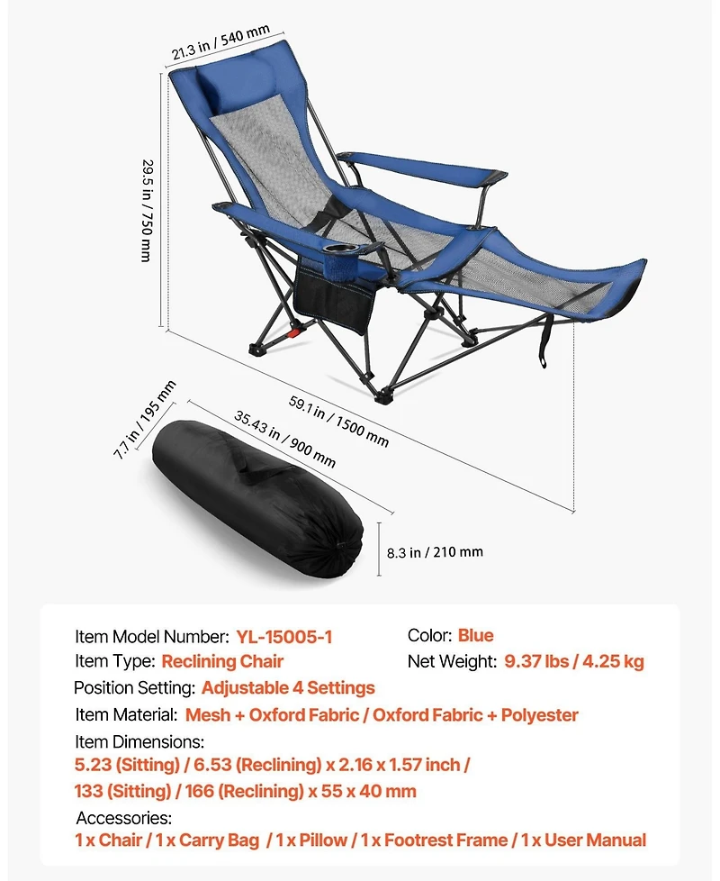 Sugift 4-Position Reclining Camping Chair Folding Patio Lounger 52.36 x 21.65 x 15.74