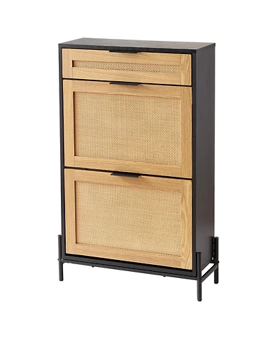 Sugift Rattan Shoe Cabinet, Narrow 2 Flip Drawers and 1 Slide Drawer