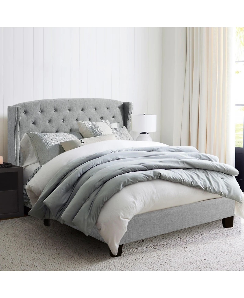 Boyel Living High Back Upholstered Bed Frame with Studded Detail Platform Bed with Solid Wood Frame Soft Fabric