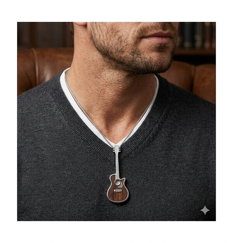 Metallo Stainless Steel Wood Inlay Guitar Necklace