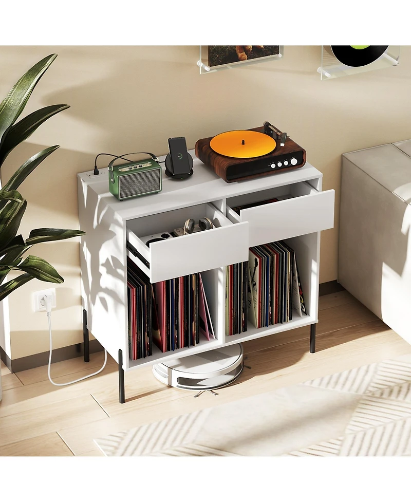 Sugift Double Wide Record Player Stand with Power Outlets and Storage