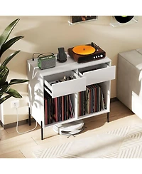Sugift Double Wide Record Player Stand with Power Outlets and Storage