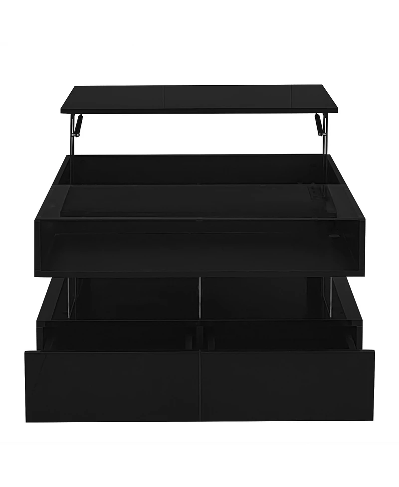 Rainsken Modern Square Lift-Top Coffee Table with 2 Drawers, Hidden Storage, Led Lighting and High-Gloss Surface for Living Room