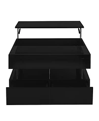 Rainsken Modern Square Lift-Top Coffee Table with 2 Drawers, Hidden Storage, Led Lighting and High-Gloss Surface for Living Room