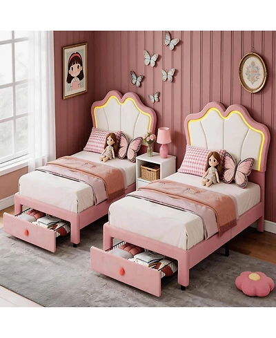 gaomon Set of 2 Twin Size Velvet Storage Beds with Led Ambiance – Upholstered Platform Bed Frame with Pull-Out Drawer