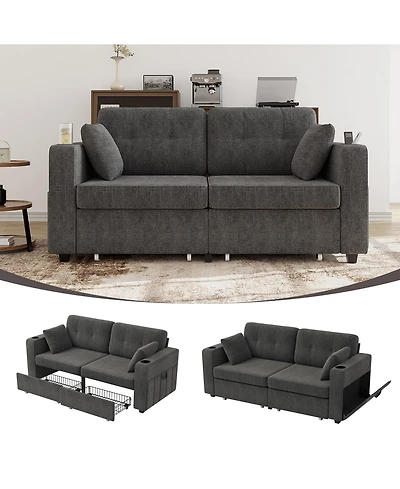 Rainsken 67" Chenille Loveseat Sofa, 2-Seater Couch with Storage, Usb Charging and Cup Holders for Living Room and Apartment