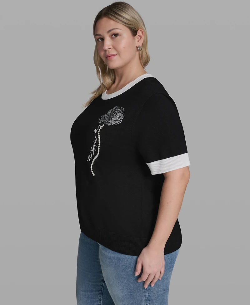 Karl Lagerfeld Paris Plus Pearl Flower-Detail Pull-On Sweater