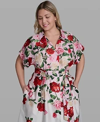 Karl Lagerfeld Paris Plus Floral-Print Midi Collared Dress