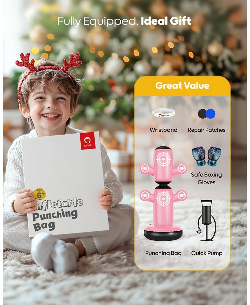 Qpau 360degree(s) Rotatable Punching Bag for Kids, Lager 64” Kids Punching Bag with Gloves, Hand Pump and 6 Targets, Bop Bag Inflatable Punchin