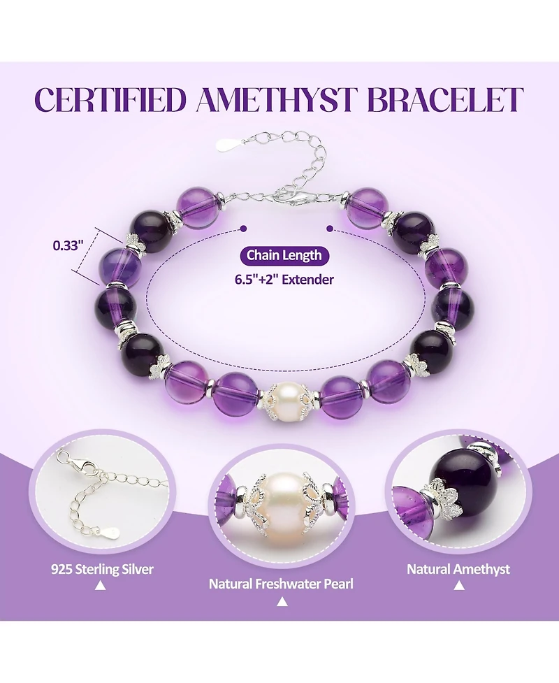 Gnuadz 8mm Certified Amethyst Bracelet Gift Set Sterling Birthstone Adjustable