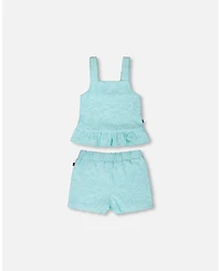 Deux par Deux Little Girls Terry Tank Top with Shorts Set Light Blue