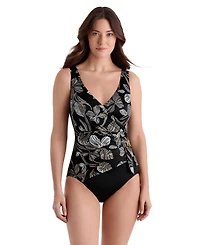 Longitude Women's Gilded Garden Buckle Shirred Surplice Long Torso One-Piece Swimsuit