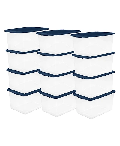 Sterilite 64 Quart Latching Plastic Storage Container Tote, Marine Blue, 12 Pack