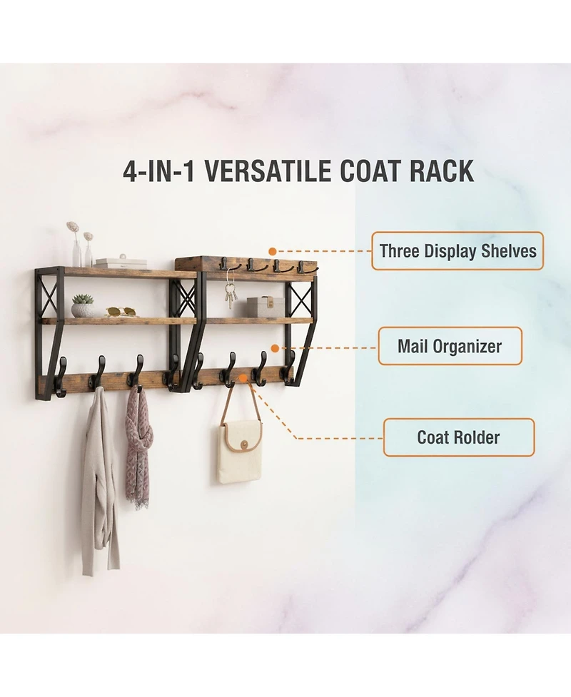 Yigii Upgraded 32" Wall Mount Coat Rack 4 in 1 with Shelf 12 Hooks Entryway Organizer Mail Holder