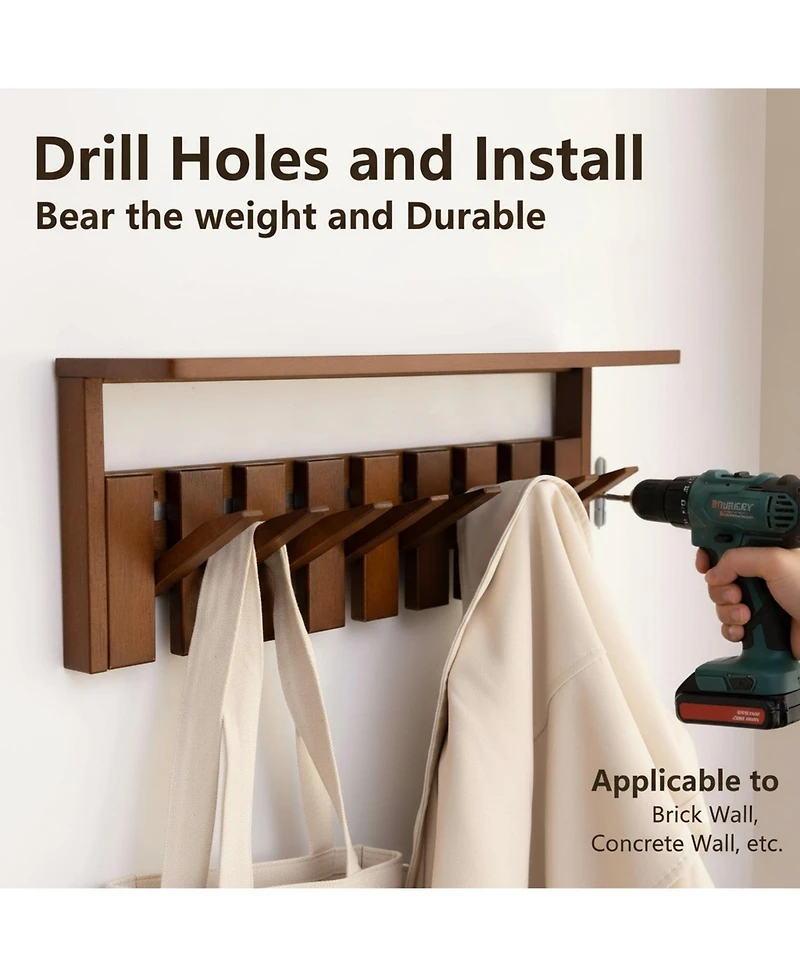 Yigii Wall Mounted Wooden Coat Rack with Shelf Heavy Duty Entryway Organizer Solid Wood Display Storage