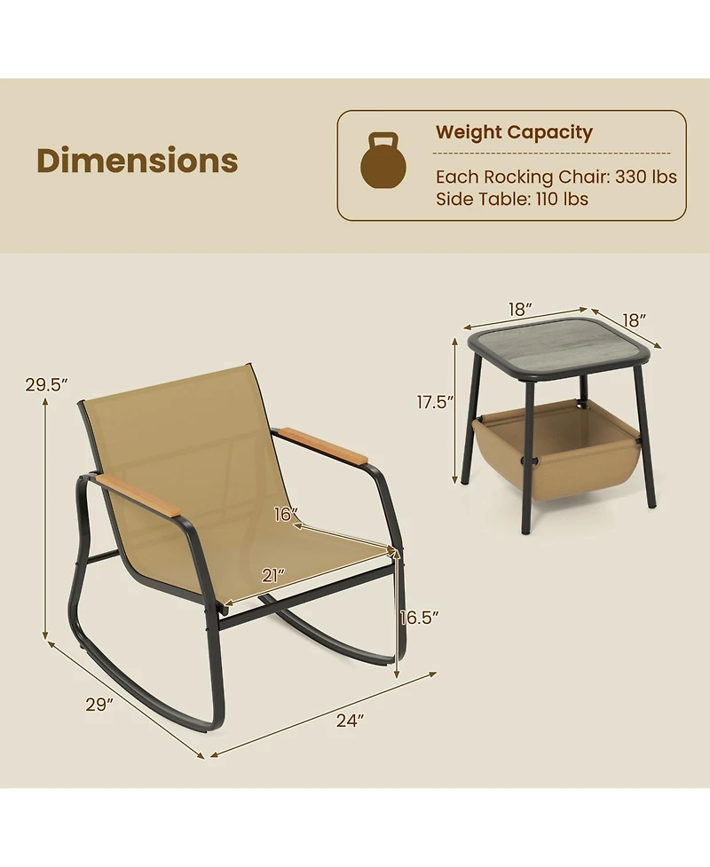 Slickblue 3 Piece Rocking Bistro Chairs and Side Table Set with Storage Bag