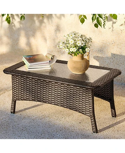 Tribesigns Outdoor Wicker Coffee Table with Hammered Glass Top, Hand Pe Rattan Wicker Patio Furniture Set, All-Weather Rectangular Patio Table