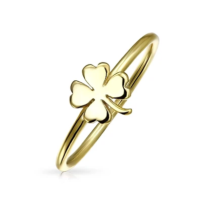 Bling Jewelry Minimalist Gold Plated .925 Sterling Silver Irish Shamrock Four Leaf Clover Midi Knuckle 1MM Band Stackable Ring