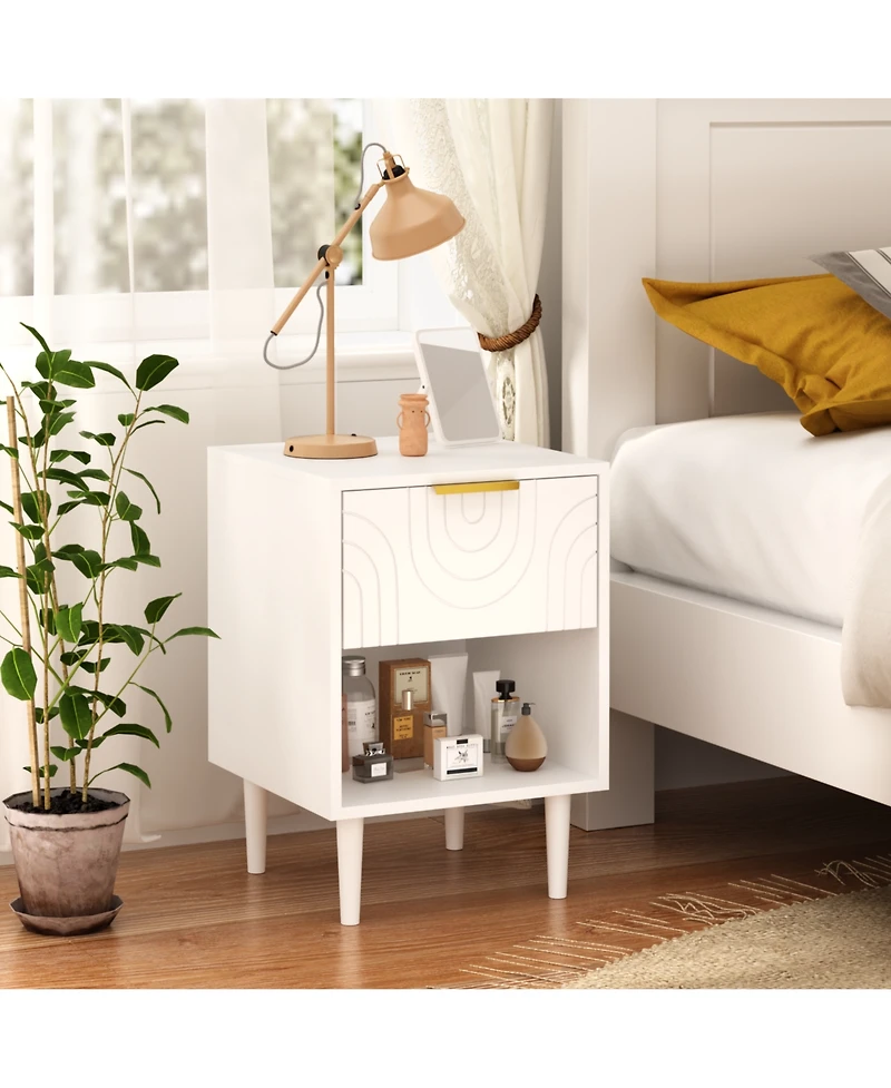 sumyeg Modern White Nightstand with Gold Handle One Drawer and Open Shelf