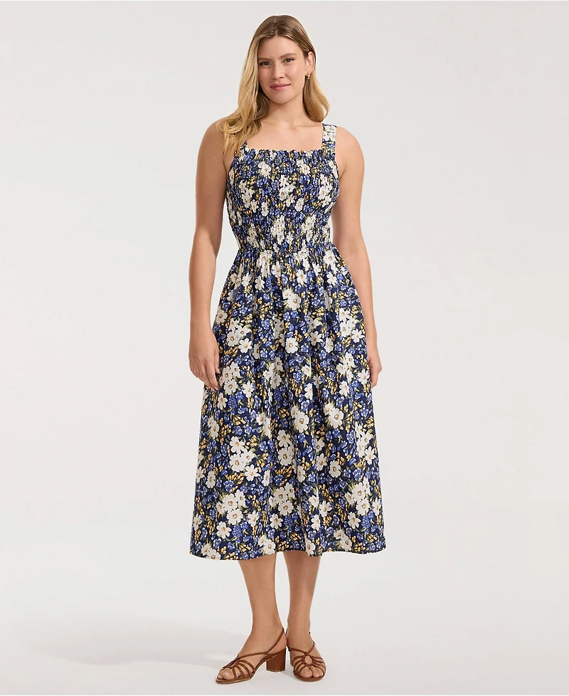 Lands' End Women's Poplin Smocked Bodice Midi Dress