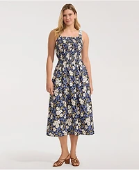 Lands' End Women's Poplin Smocked Bodice Midi Dress