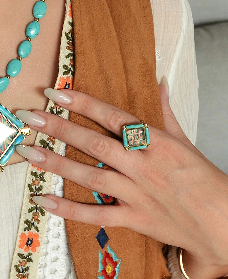 Barse Scenic Native Weave Blue Turquoise Golden Statement Ring