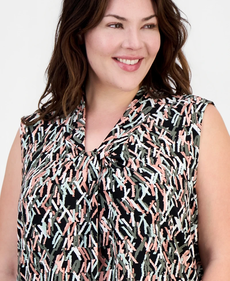 Kasper Plus Printed Knot-Neck Sleeveless Top