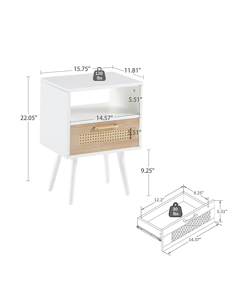 sumyeg Modern Rattan End Table with Drawer and Solid Wood Legs Nightstand Cabinet