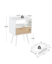 sumyeg Modern Rattan End Table with Drawer and Solid Wood Legs Nightstand Cabinet