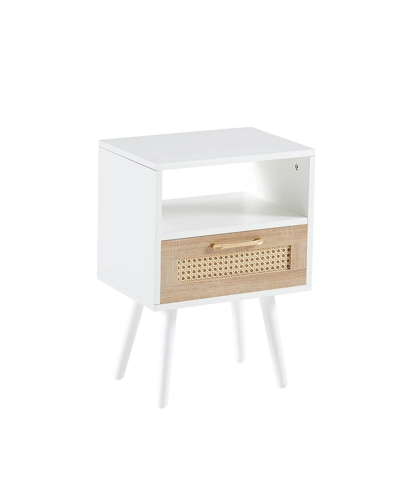 sumyeg Modern Rattan End Table with Drawer and Solid Wood Legs Nightstand Cabinet