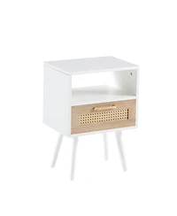 sumyeg Modern Rattan End Table with Drawer and Solid Wood Legs Nightstand Cabinet