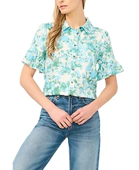 CeCe Women's Short-Sleeve Button-Down Cropped Top