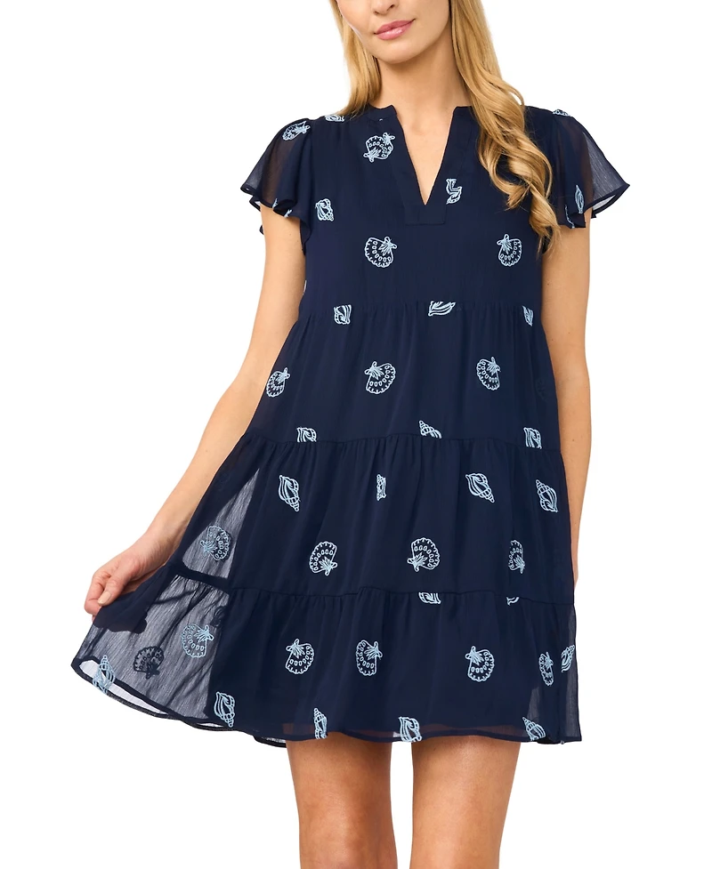 CeCe Women's Embroidered V-Neck Short Tiered Dress