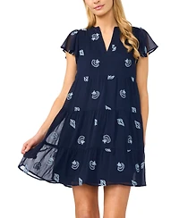 CeCe Women's Embroidered V-Neck Short Tiered Dress