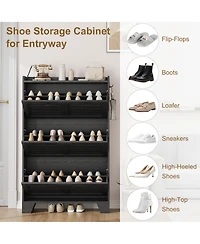 homfan Slim Shoe Cabinet with 2 Flip Drawers and Side Hooks, Deep Entryway Storage