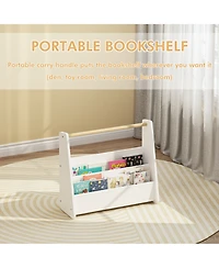 Rainsken Kids Bookshelf with Wooden Handle, 2-Tier Front-Facing Toddler Bookcase, Portable Book Storage Organizer for Nursery, Playroom