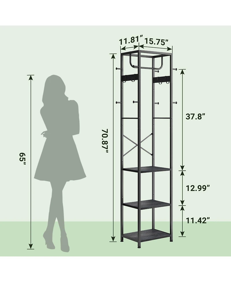 Yigii Freestanding Hall Tree Coat Rack 3 Shelves 12 Hooks Industrial Clothes Stand Organizer