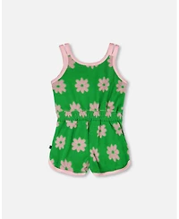 Deux par Deux Little Girls Terry Cloth Sleeveless Jumpsuit Green Printed Flowers