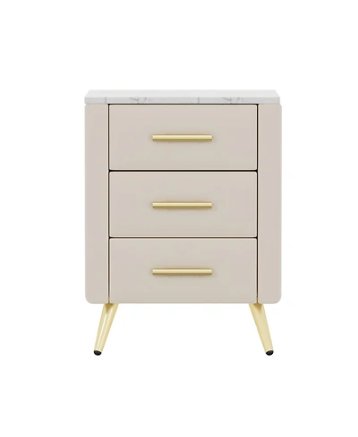 sumyeg Upholstered Wooden Nightstand with 3 Drawers and Metal Legs Handles