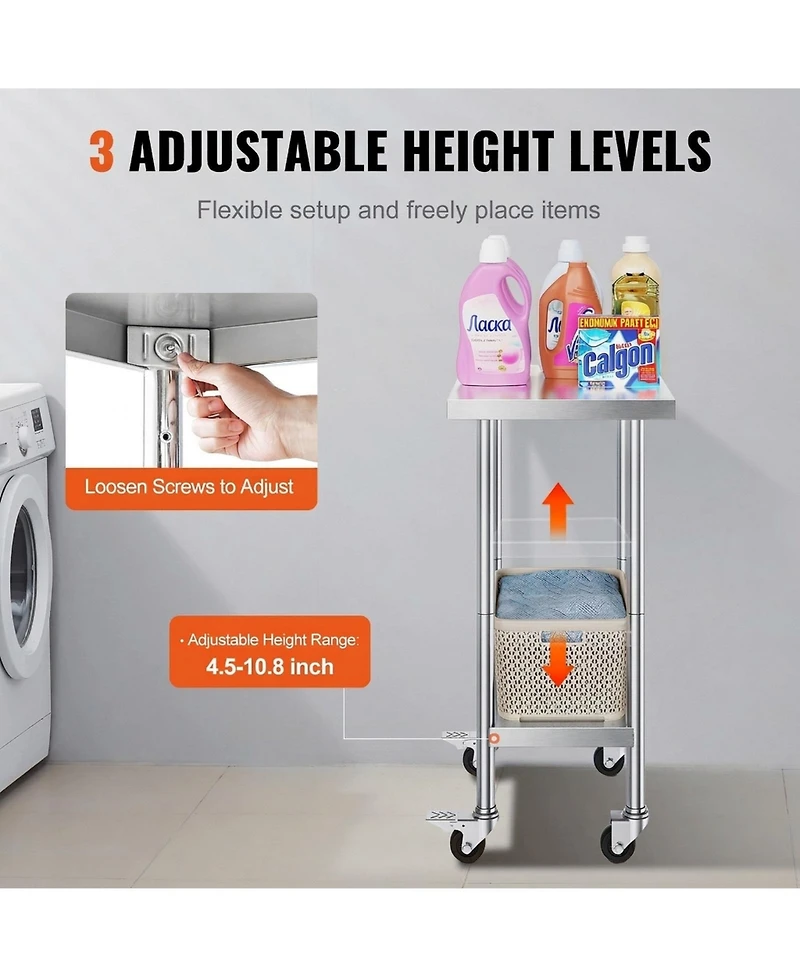 Sugift Stainless Steel Work Table 24 x 18 x 38 in Adjustable Height for Commercial Kitchen