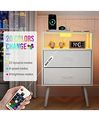sumyeg Modern Nightstand Set of 2 with Charging Station, Led Light and Fabric Drawers
