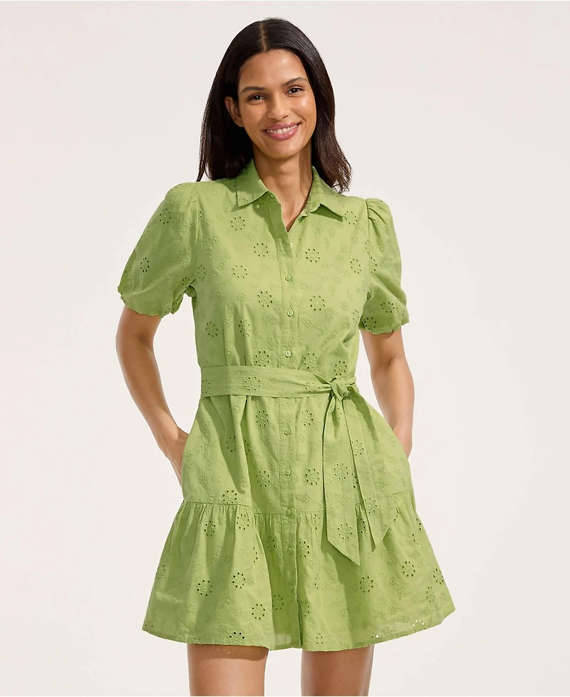 Lands' End Women's Elbow Sleeve Eyelet Knee Length Shirt Dress