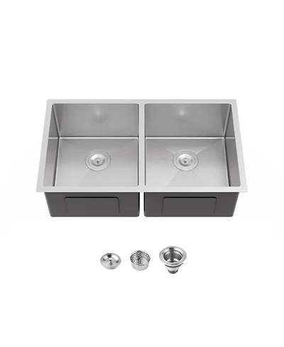 Busdays 33 x 19 Inch Embedded Double Bowl Kitchen Sink Undermount Handmade Brushed Stainless Steel