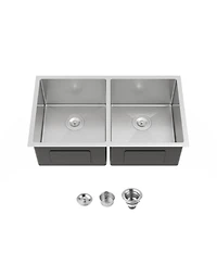 Busdays 33 x 19 Inch Embedded Double Bowl Kitchen Sink Undermount Handmade Brushed Stainless Steel