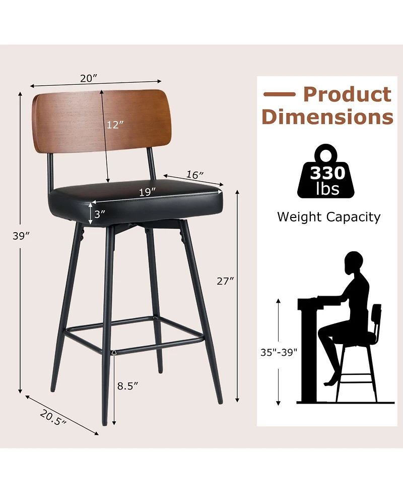 Gouun 27 Padded Swivel Counter Height Bar Stool Set of 2 with Curved Backrest and Metal Frame